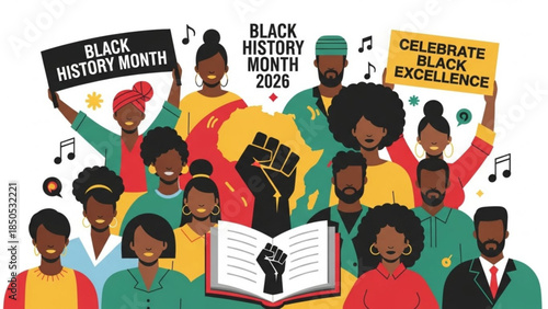 Diverse group celebrating Black History Month holding signs and books concept of unity and heritage vector illustration on white background