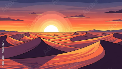 Vibrant desert sunset landscape rolling sand dunes under a warm gradient sky perfect for travel and nature backgrounds