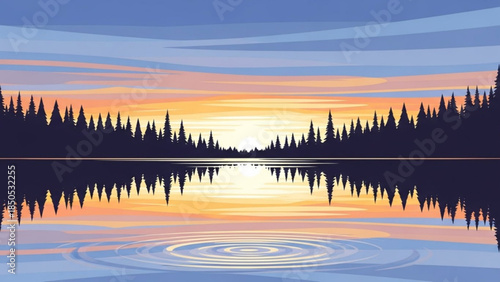 Serene sunset over a calm lake with mirrored pine forest silhouette reflecting warm colors in ripples perfect for nature and travel themes