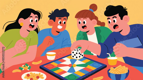 Illustration Of Four Friends Intensely Focused Around A Colorful Board Game, With Snacks And Competitive Expressions Vector Design Template