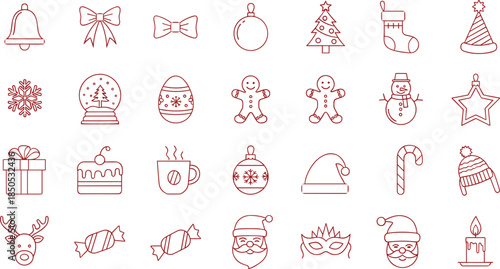 Christmas holiday icon set, hand drawn outline winter festive symbols, new year celebration elements, vector illustration collection for design, web, print, branding, and ui
