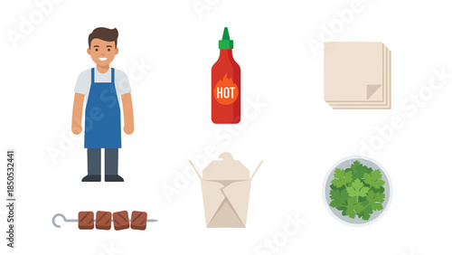 Happy Chef with Asian Food Takeout Skewer Hot Sauce and Napkins Vector Illustration Icons
