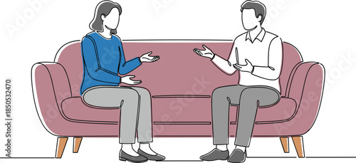 Couple talking on sofa, modern flat illustration of communication, relationship counseling, therapy session, emotional support, discussion, teamwork, mental health, family conversation, interpersonal 