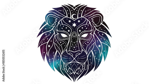 A stylized illustration of a lion's head with a colorful, starry night sky design on a white background, featuring a vibrant purple, blue, and black color scheme.