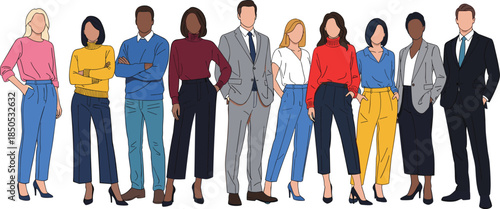 Diverse business team illustration, modern professionals standing together, inclusive workforce concept, corporate fashion people, office staff group, leadership, teamwork, flat design style