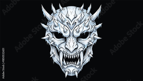 Digital illustration of a fierce, white, dragon-like creature head with sharp spikes and teeth on a black background.