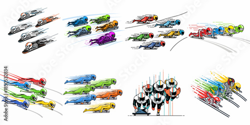Vector illustration set of skeleton and bobsled racers speeding down an icy track, featuring colorful stylized athletes and motion graphics depicting winter sports competition.
