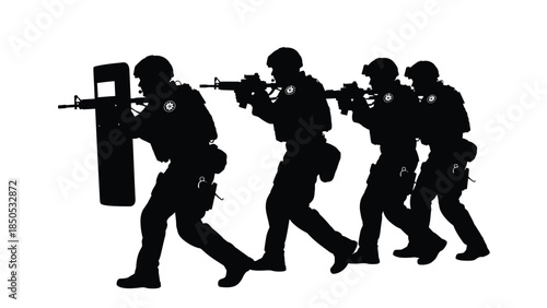 Silhouette of four tactical police officers advancing in formation with one carrying a ballistic shield