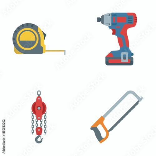 Flat Vector Icon Set of Automotive Workshop Tools Including Hammer, Wrench, Pipe Wrench, Electric Drill, Drill Bits, Hydraulic Jack, Screwdriver, Spanner, Socket, Ratchet, Pliers, Measuring Gauge, Con