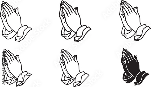 Religious Praying Hands Gesture Icon Set for Faith Worship Spiritual Meditation and Peace Concepts Featuring Various Outline and Silhouette Styles