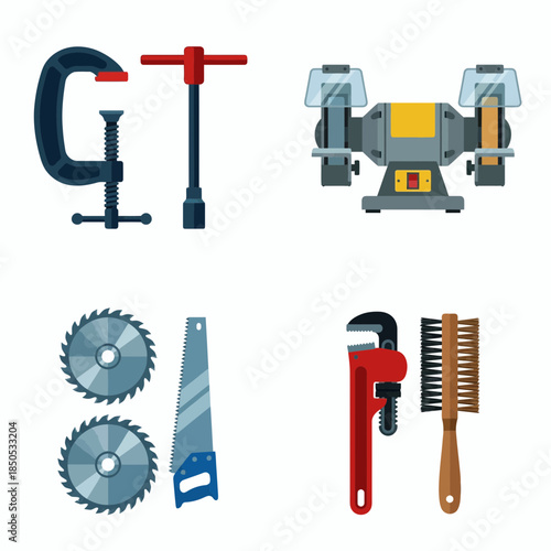 Flat Vector Icon Set of Automotive Workshop Tools Including Hammer, Wrench, Pipe Wrench, Electric Drill, Drill Bits, Hydraulic Jack, Screwdriver, Spanner, Socket, Ratchet, Pliers, Measuring Gauge, Con