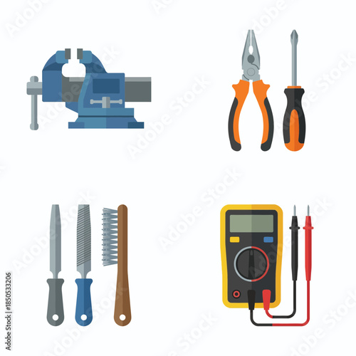 Flat Vector Icon Set of Automotive Workshop Tools Including Hammer, Wrench, Pipe Wrench, Electric Drill, Drill Bits, Hydraulic Jack, Screwdriver, Spanner, Socket, Ratchet, Pliers, Measuring Gauge, Con