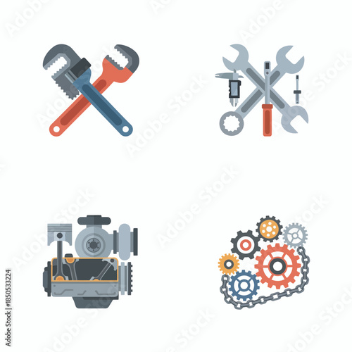 Flat Vector Icon Set of Automotive Workshop Tools Including Hammer, Wrench, Pipe Wrench, Electric Drill, Drill Bits, Hydraulic Jack, Screwdriver, Spanner, Socket, Ratchet, Pliers, Measuring Gauge, Con