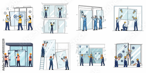 Glaziers and workers installing large glass windows and doors in commercial buildings, using suction cups and safety equipment.