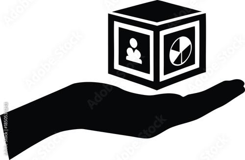Hand presenting a cube with people and data analysis icons for business insights