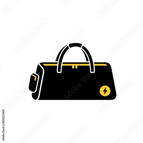 Modern sports duffel bag graphic design with a sleek black body, vivid yellow details, and a powerful lightning bolt icon, ideal for workout and travel themes, representing energy and active living