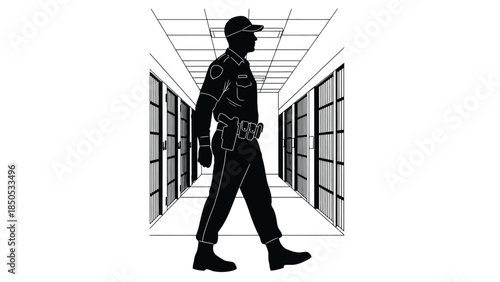 Silhouette of a correctional officer patrolling a long prison cell block hallway with barred doors