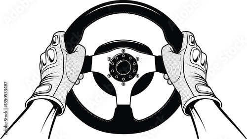 Hands in gloves holding car steering wheel, black and white vector illustration for racing sport driver and automotive transport design symbol on white background