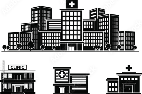Hospital building vector set, medical clinic icon collection, city architecture illustration, healthcare center silhouette, isolated emergency house, urban facade design bundle, black graphic element