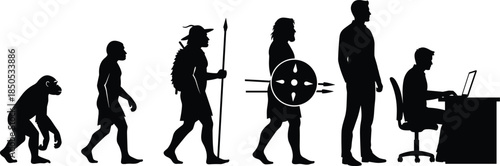 Human evolution silhouettes from ape to warrior and office worker, vector illustration of development stages ending with man working on computer laptop