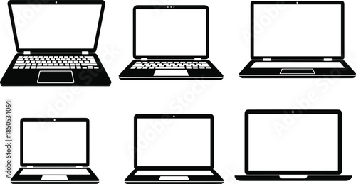Laptop computer icon set vector illustration, black notebook silhouette collection for business technology office design, modern pc screen symbol isolated on white background