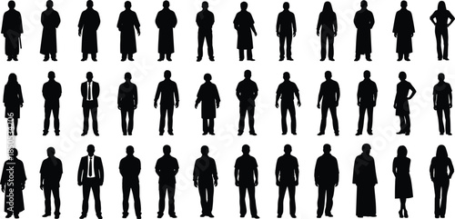 Large collection of black silhouettes of men and women standing in rows including business and medical professionals isolated on white background for vector design illustration