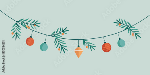 Elegant holiday garland with festive Christmas baubles and natural fir branches, perfect for seasonal designs and celebrations and winter projects