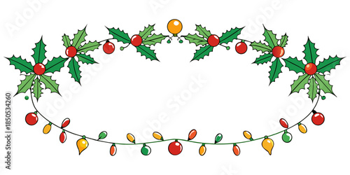 Festive holiday oval border with traditional holly leaves, vibrant red berries, and a cheerful string of colorful illuminated lights, ideal for seasonal greetings and celebratory designs
