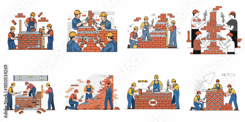 Illustrated set of construction workers, masons, or bricklayers building a brick wall using mortar, trowels, and spirit levels, showcasing teamwork and professional construction concepts.