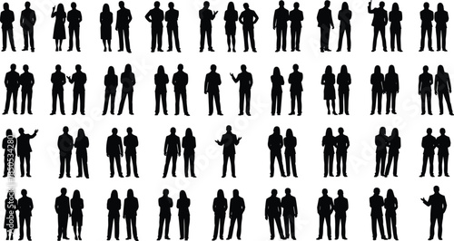 Large collection of black silhouettes of men and women standing in pairs and talking isolated on white background for business and social design vector