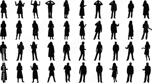 Large set of black silhouettes showing men and women standing in coats and jackets isolated on white background for people fashion crowd design vector illustration