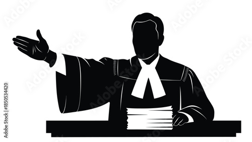 Silhouette of a barrister or judge in robes making a strong gesture while seated at a bench with documents