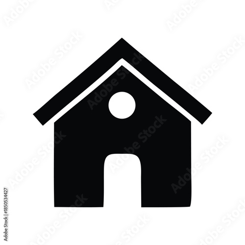 A black and white silhouette icon of a house with a door and window, representing home and shelter
