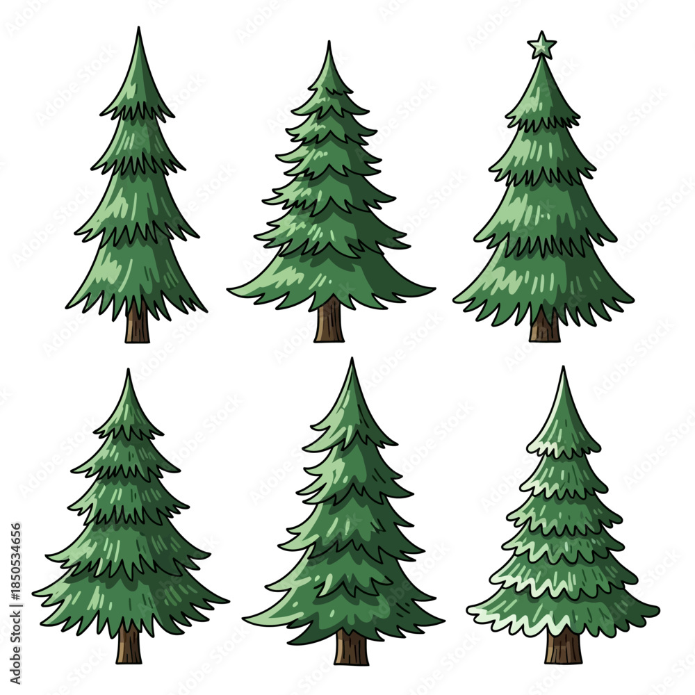 Fototapeta premium Collection of Evergreen Christmas Trees in Various Styles and Shapes.