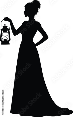 Elegant black silhouette of a standing woman in a long dress holding a vintage lantern isolated on a white background