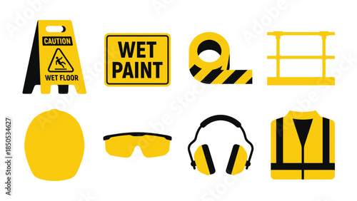 Construction Safety Equipment and Warning Signs Icons Set for Building Industry and Workplace Security