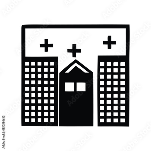 Iconographic representation of a modern medical facility with cross symbols indicating its healthcare purpose