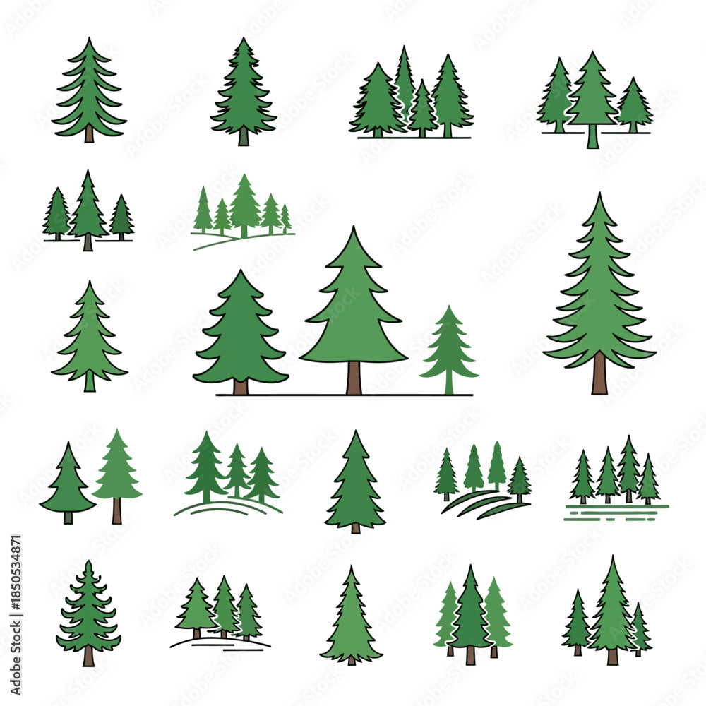 Obraz premium Collection of Stylized Evergreen Tree Illustrations for Design Projects.