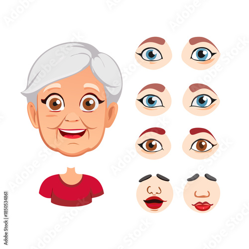 Old woman face constructor set isolated on white background. Vector cartoon illustration of elderly female avatar creation kit, collection of eyes, sad and smiling lips, eyebrows, different ... See ..