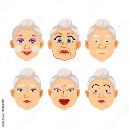 Old woman face constructor set isolated on white background. Vector cartoon illustration of elderly female avatar creation kit, collection of eyes, sad and smiling lips, eyebrows, different ... See ..