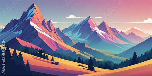 Panoramic view of towering mountains and evergreen trees in a modern flat design style.