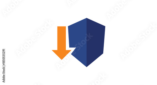abstract security shield icon with downward arrow minimalist blue and orange logo design on white background for risk and data protection