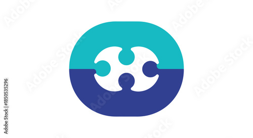 abstract puzzle piece logo icon with circular connection symbol in teal and navy blue modern flat design for branding and teamwork