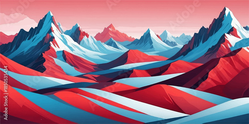 Breathtaking panoramic view of colorful mountain peaks captured in a minimalist vector graphic style.