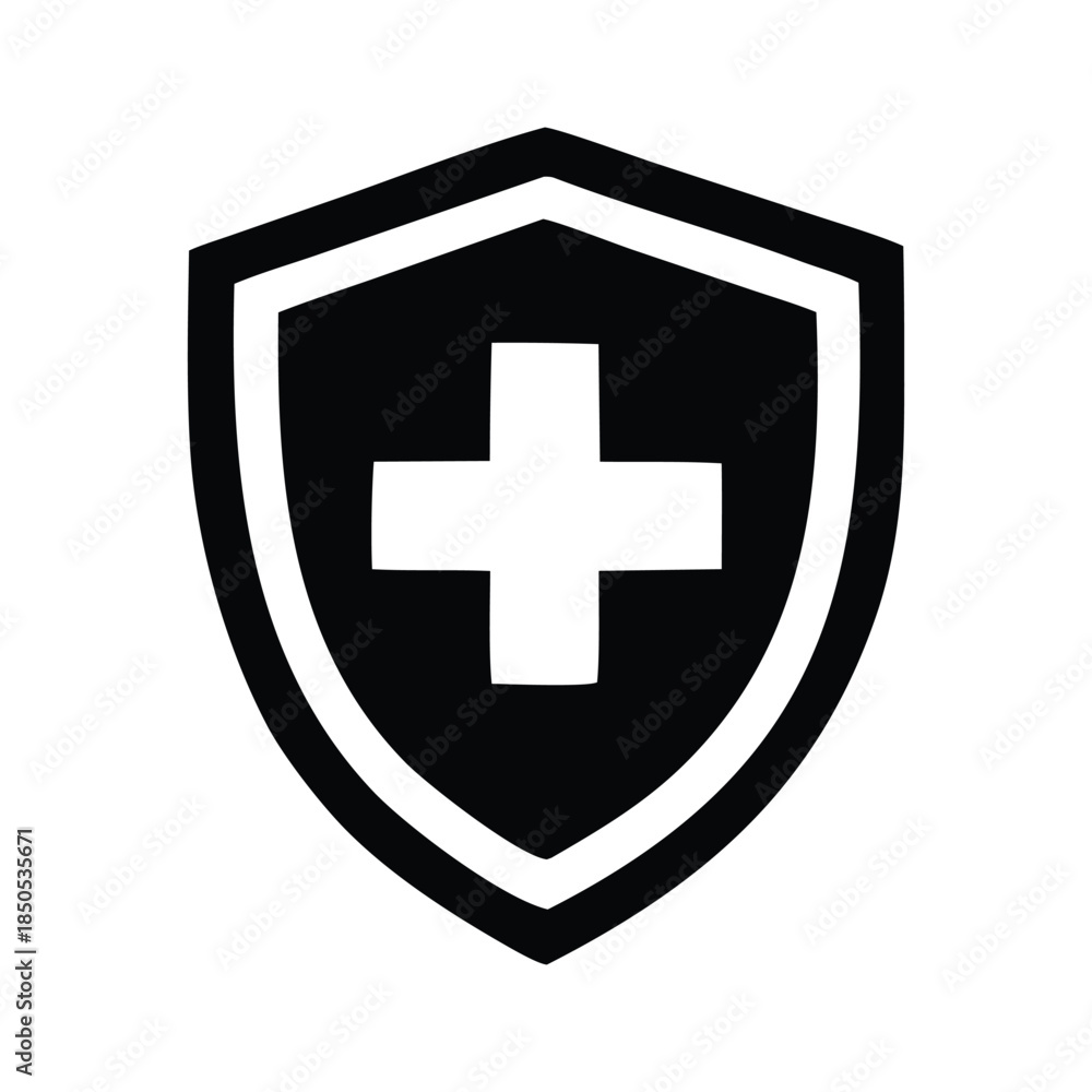 Obraz premium Essential healthcare protection shield symbol, representing medical safety, wellness, and secure health services. This minimalist graphic icon signifies preventive care, emergency support