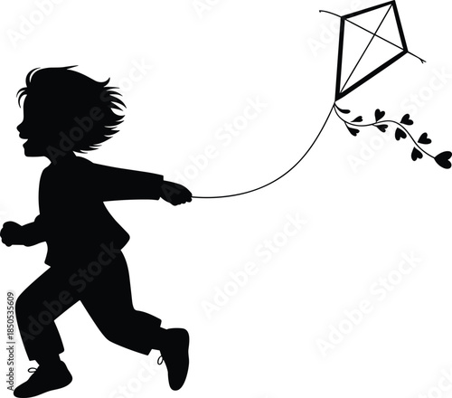 Child running with kite silhouette, playful outdoor activity, heart-shaped tail design, vector illustration for childhood, freedom, motion, and recreational themes