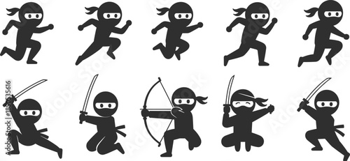 Cartoon ninja characters in action poses, martial arts warriors, weapon combat stances, stealth fighters, vector illustration for gaming, animation, and design