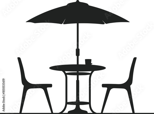 Outdoor patio silhouette with umbrella, table and chairs, leisure seating vector illustration for café, backyard, summer relaxation, and dining themes