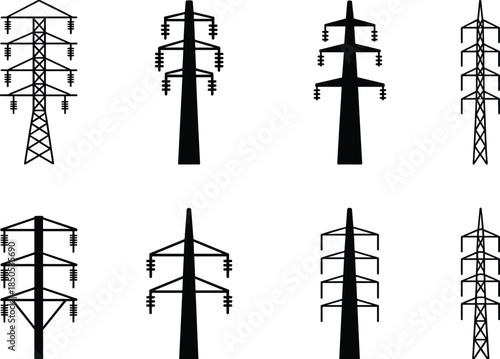 High-voltage transmission tower silhouettes, electrical grid infrastructure, vector illustration of pylons, power line support structures for energy, industry, and engineering design