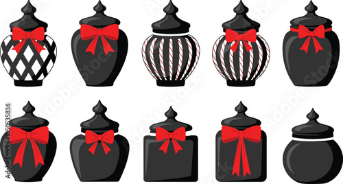Decorative jar silhouette collection, black containers with red bows vector illustration for packaging, gift design, pattern recognition, and festive themes